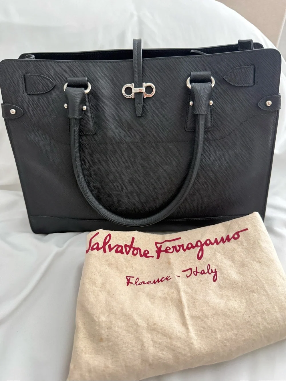 Salvatore Ferragamo Black Leather Tote with Silver Hardware